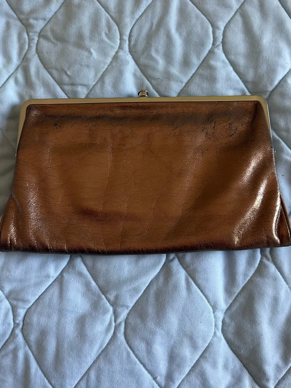 HOBO Brown Leather Frame Clutch with Gold Tone Hardware